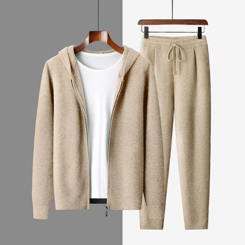 

Men's 100% Cashmere Hooded Cardigan Cashmere Pants Suit Smart Casual Cashmere Knitwear Autumn Winter Soft Warm High Quality Tops
