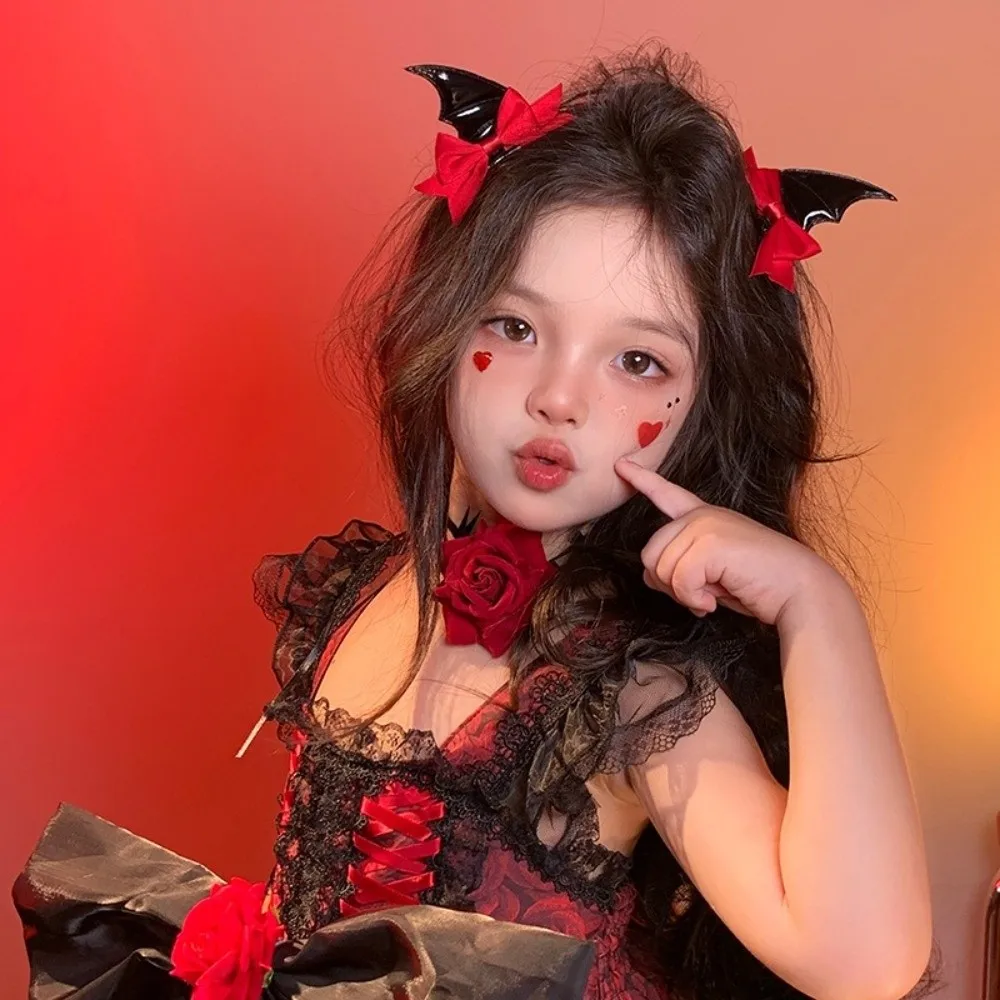 2 Pcs Fashion Bow Halloween Hairpins Gothic Style Y2K Devil Horn Hair Clips Headwear Lolita Style Bat Duckbill Clips Cosplay