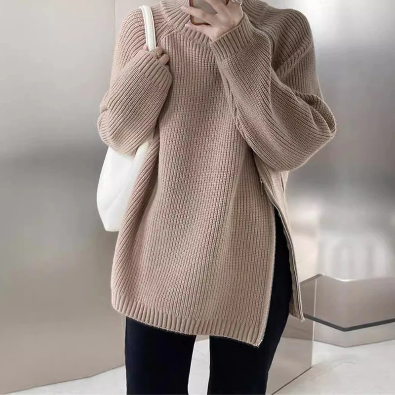 2024 Autumn Winter Women New Arrival Double Zipper Turtleneck Cardigan Loose Cross-border Knitted Solid Sweet and Fresh Sweater