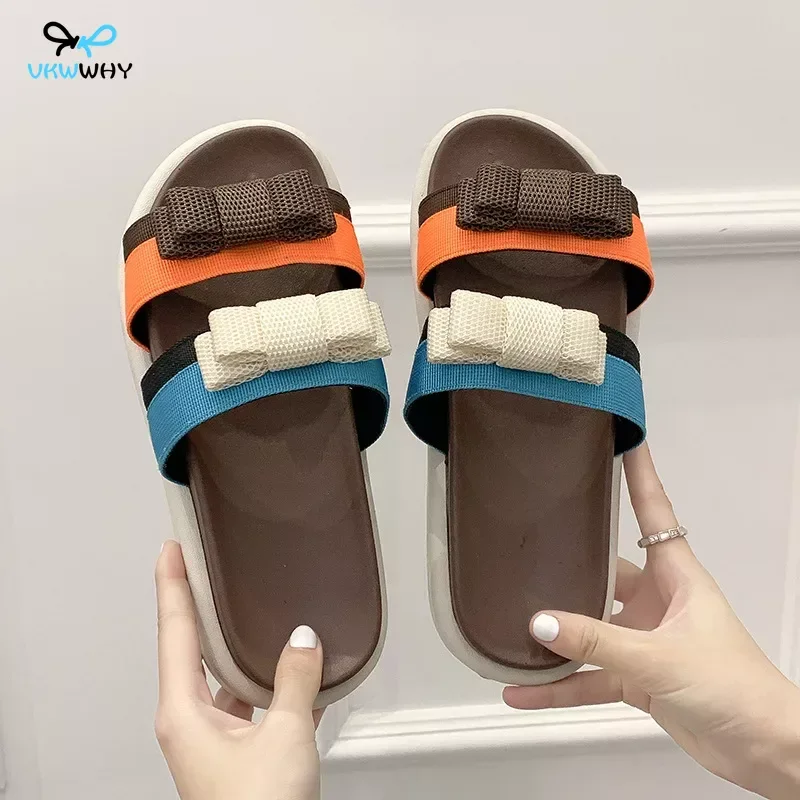 Hollow Out Mesh Colour Blocking Slippers Women Summer Bow Ins Fashion Thick Bottom Outdoor Sandals Platform Double Bow