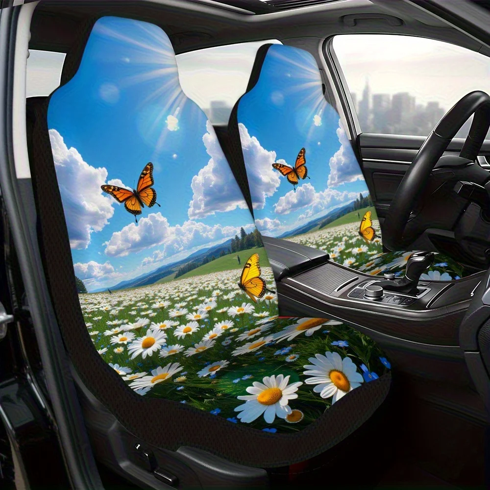 2pcs Vibrant Daisy Butterfly Field Sky Print Front Seat Covers | Universal Fit, Polyester, Machine Washable, Perfect Gift For Da