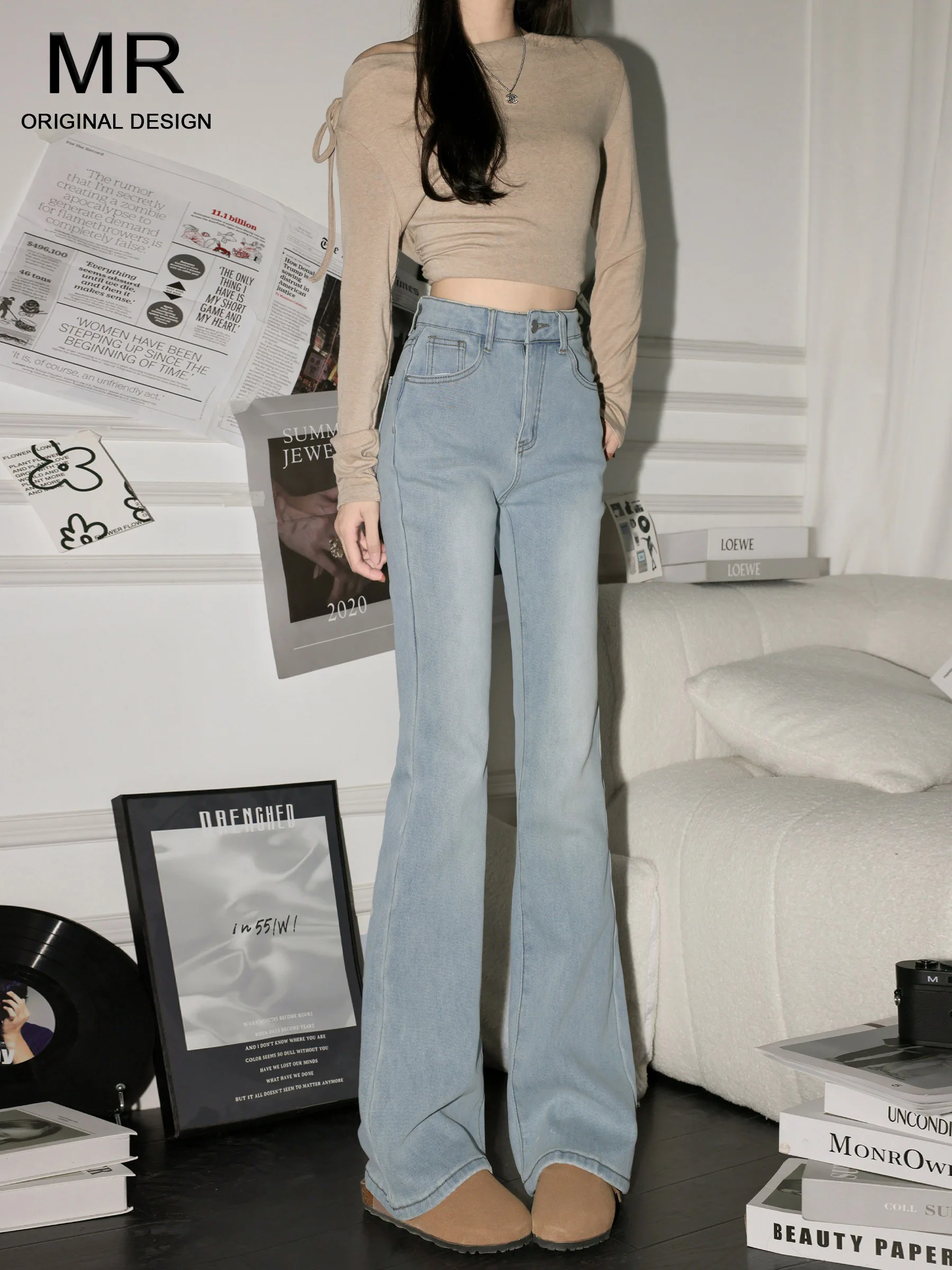 

Женские джинсы-клеш с высокой талией, светлые, облегающие, для зимы, модные, удобные, из эластичного денима