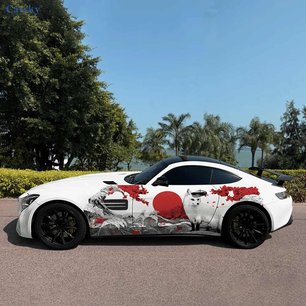CATSKY.2pcs.The traditional Japanese ancient-style wave flower white fox half-moon car film is both decorative and practical. It