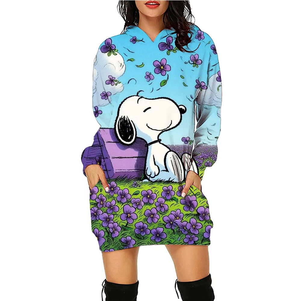 Disney Y2k Sweater Dress Kawaii Hoodie Snoopy Printed Women\'s Elegant Dress Minnie Mouse Fashion Women Knee length Sexy Long Sle