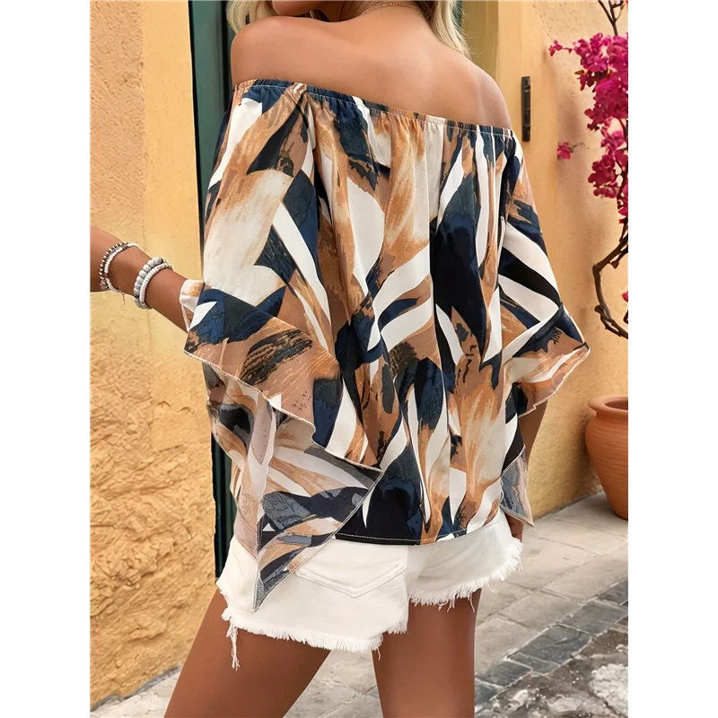 

AG-Women's Off The Shoulder Colorful Blouses Dressy Casual Boho Ruffle 3/4 Sleeve Asymmetrical Neck Shirt
