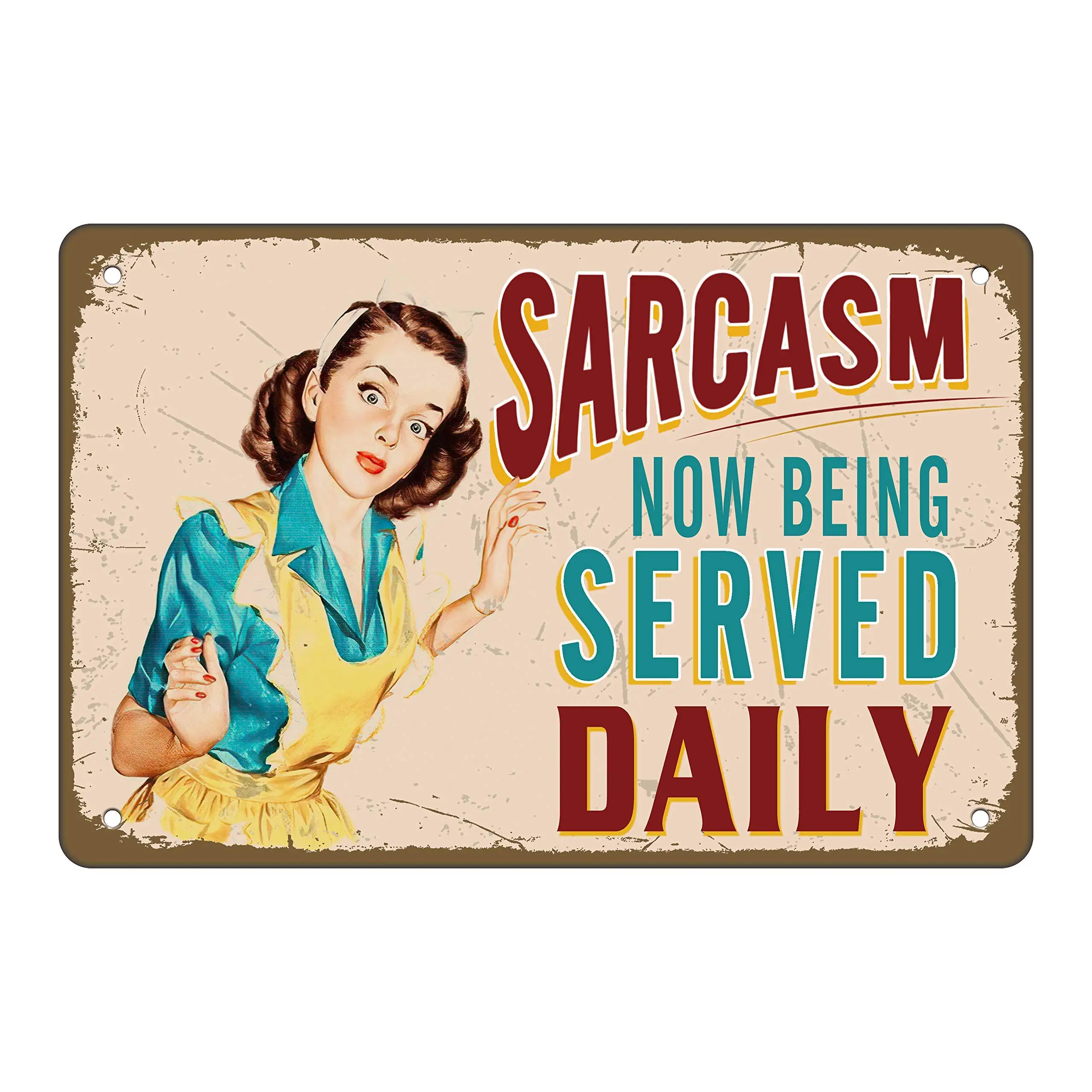 

Retro Metal Tin Sign Wall Decor - Sarcasm Now Being Served Daily - Funny Vintage Tin Sign Wall Plaque Poster for Cafe Bar Restau