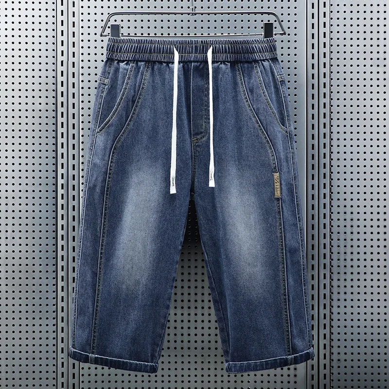 

Men's Summer Elastic Waist Cropped Jeans Shorts New Fashion Drawstring Elastic Waist Versatile Straight Loose Denim Shorts