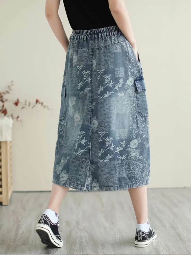 Amax luluE British 2024 Summer New Fashion Women Denim Printed Skirts Ladies Elastic Loose Skirt Female Casual Vintage Clothing
