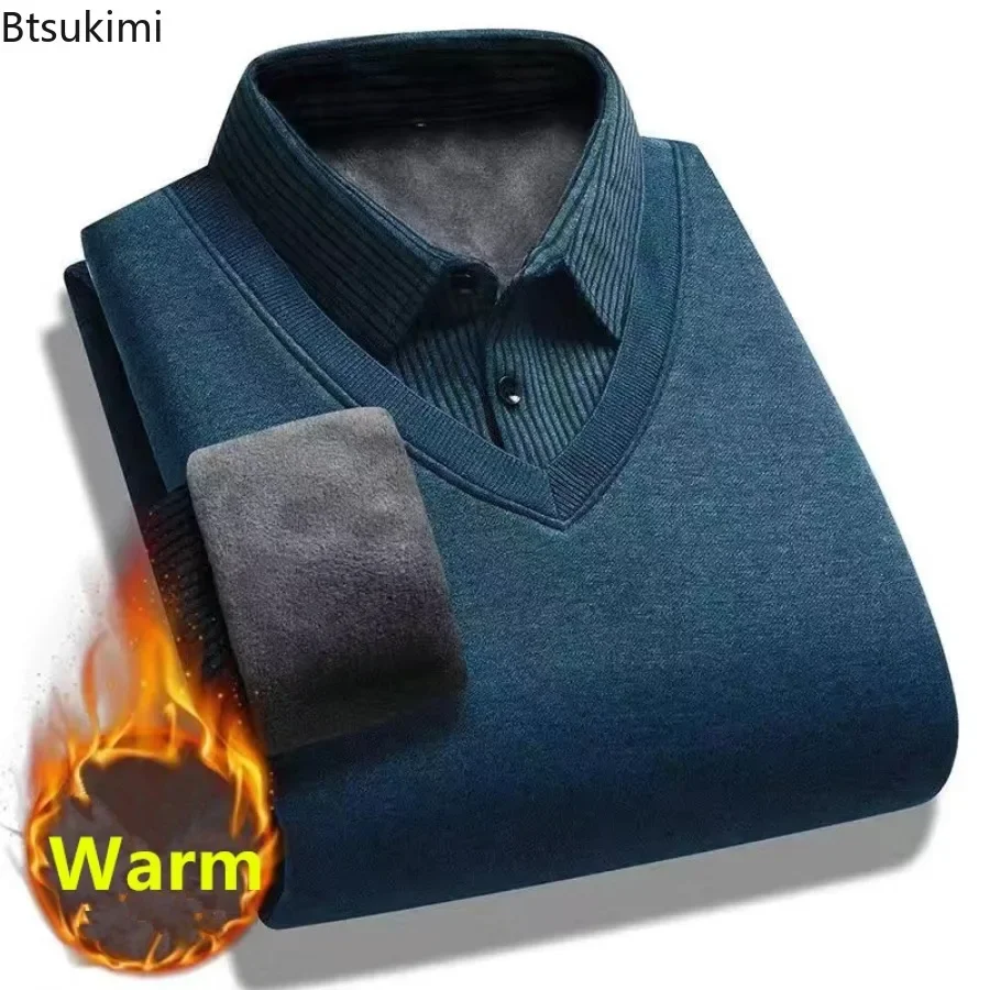 Autumn Winter Fake Two Piece Sweaters Men's Shirt Neck Fleece Thicken Knitted Pullover Business Casual Warm Sweater Tops for Men