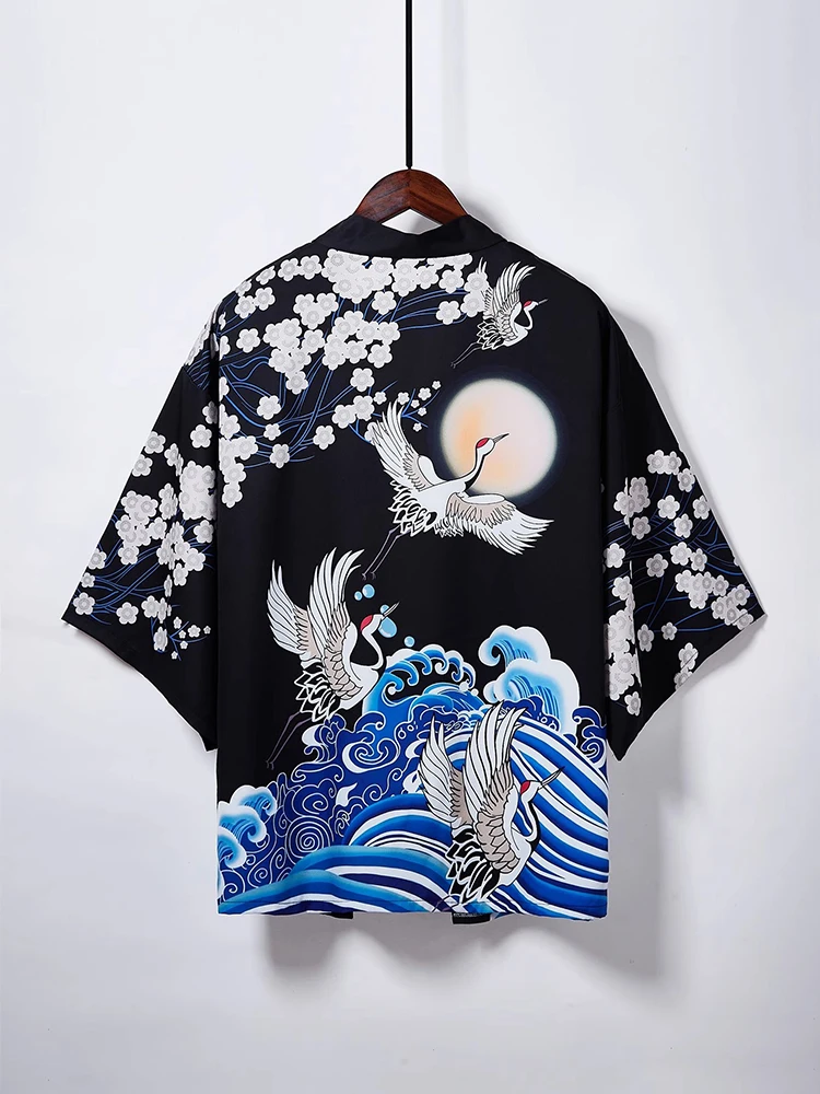 

Black Crane Kimono Cardigan Women Japanese Obi Male Yukata Men's Haori Summer Cloak Beach Shirt Obi Streetwear Men's Samurai