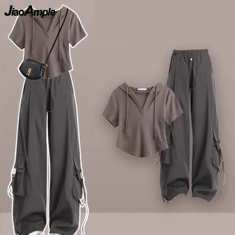 Women\'s 2024 Summer New Tracksuit Matching Set Korean Chic Short Sleeved T-shirt+Work Pants Two-piece Female Sportwear Suit