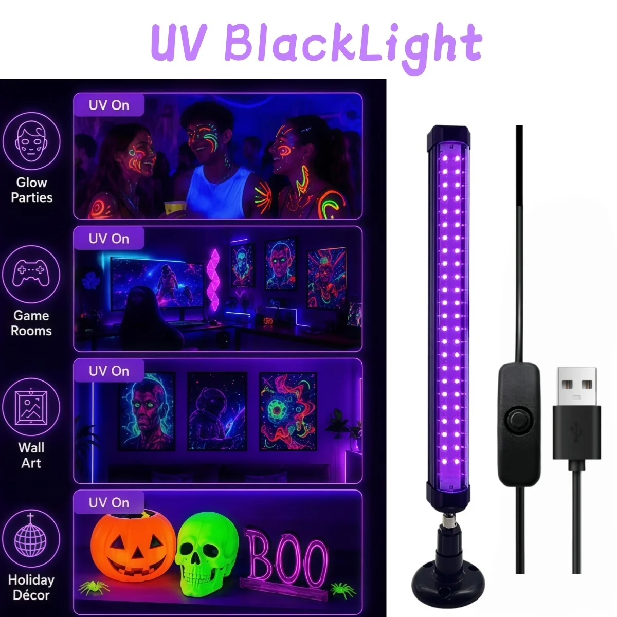 360°rotation 48 LEDs UV desktop purple light, USB with switch, black fluorescent light, suitable for family Halloween atmosphere
