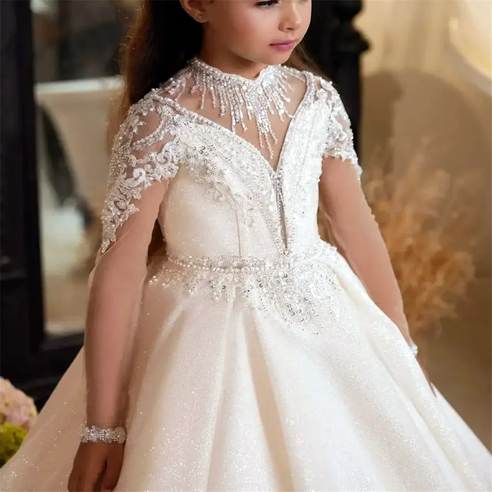 Flower Girl Dress Elegant Shining For Wedding Lace Puffy Sequins Beading Full Sleeve Kids Birthday Gift Party First Communion