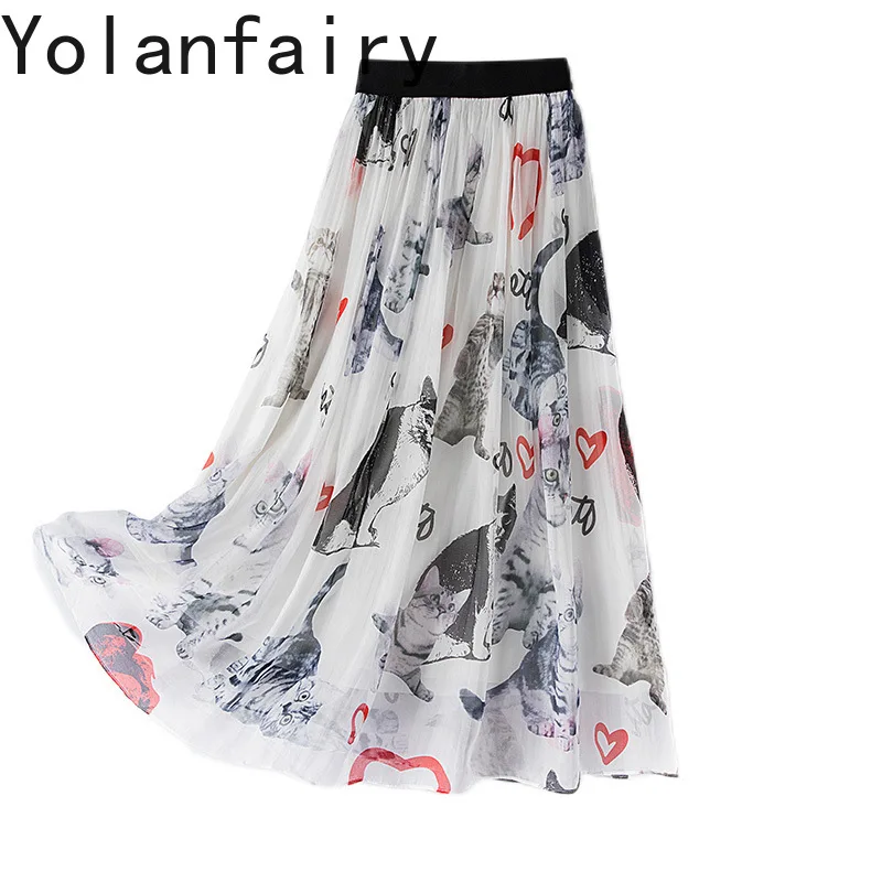 YOLANFAIRY New Fashion 100% Real Mulberry Silk Skirts for Women Clothing Beautiful Elegant Skirt Holidays Elastic Waist Skirt