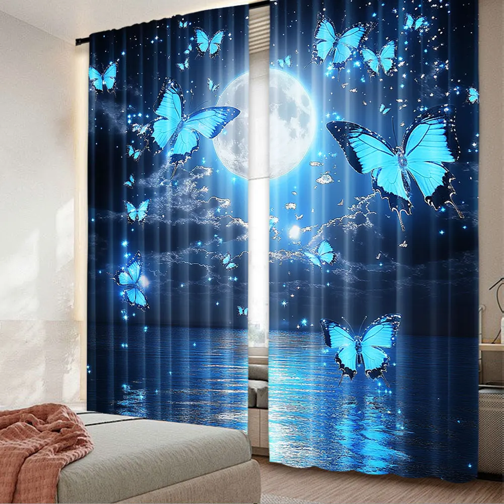 2Pcs Curtain Full Moon Over Ocean Teal Butterfly Starry Night Sky Moon And Stars Bedroom Living Room Dorm Home Decor A