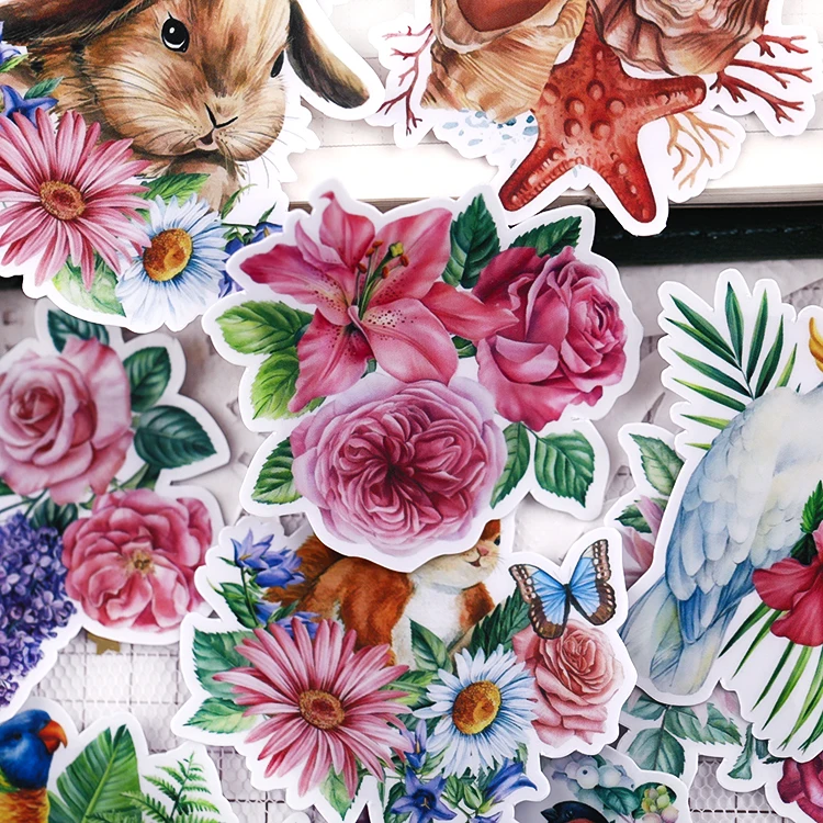 Stickers 20PCS Flowers And Animals Hand Account Stickers Cute Cartoon Animals Decorative Material Mobile Phone Tools