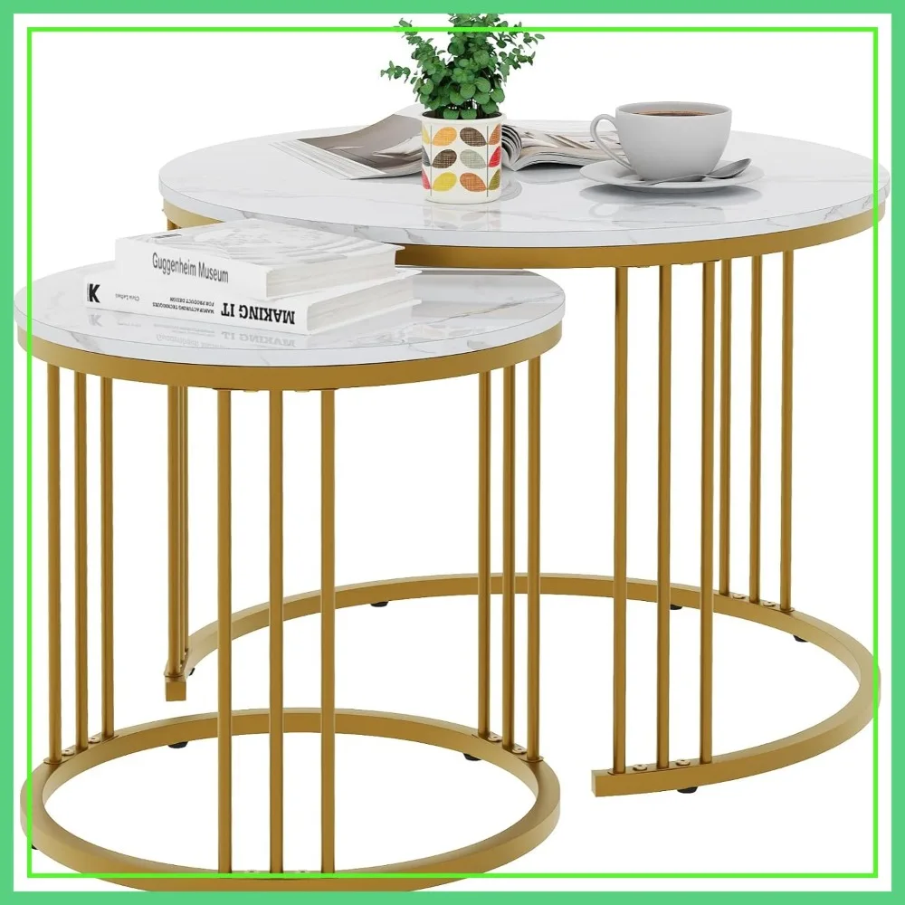 

Nesting Coffee Table Set 2-Piece Faux Marble End Tables for Living Room, White & Gold