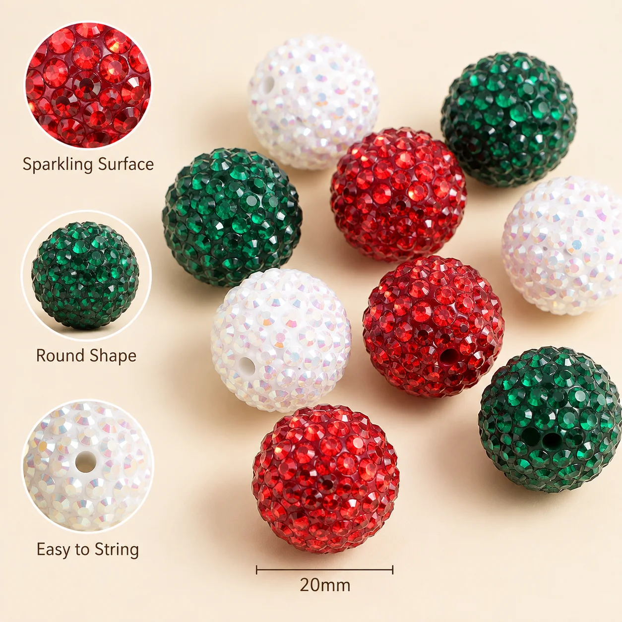 20mm 5/10 Stück Weihnachts-Strass-Harzperlen, Funkelnde Kristall-Rundperlen für Feiertags-DIY-Schmuckherstellung & Bastelarbeiten – Detail 5