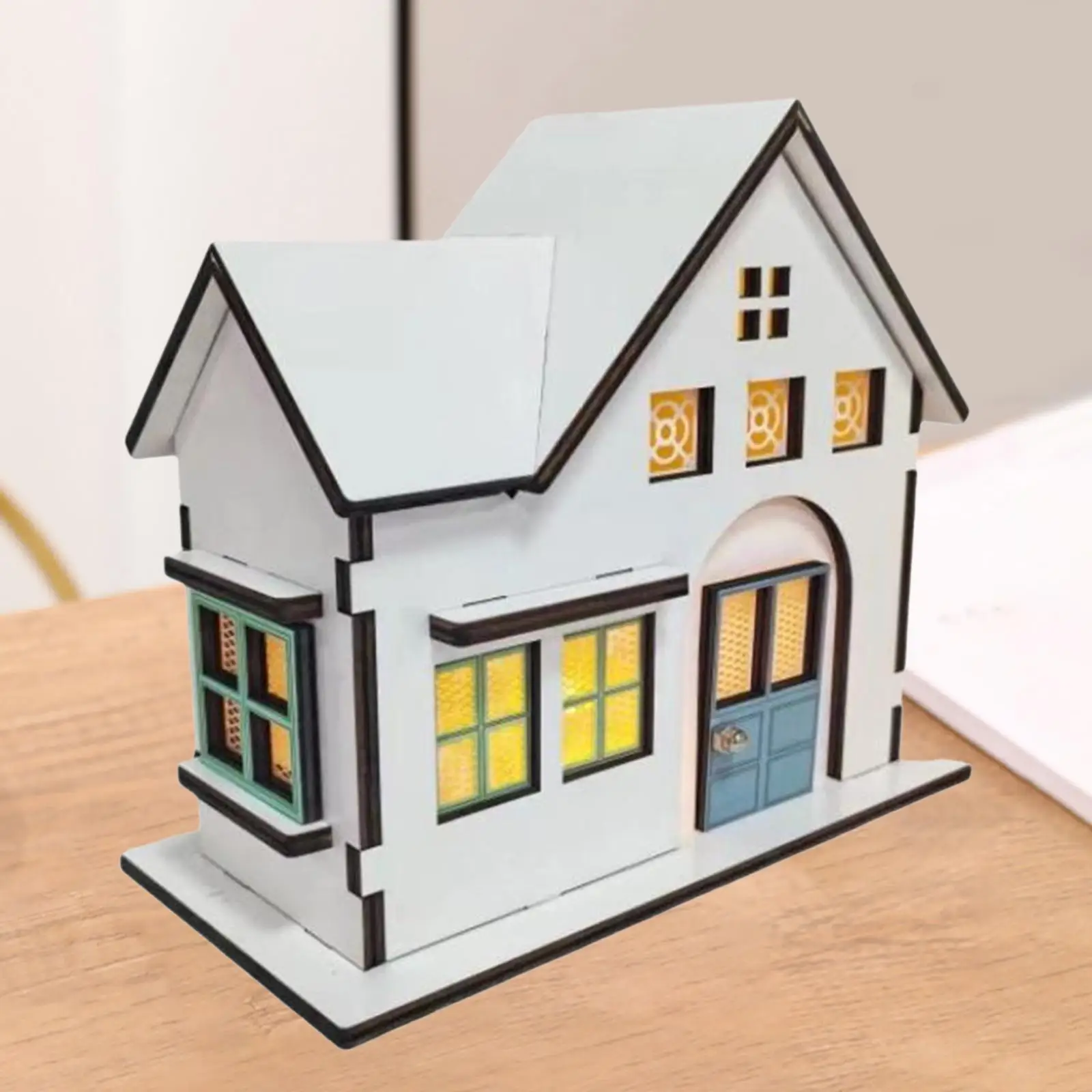 

Wooden House Ornament Night Light Collectible Photo Prop Home Decoration Decorative Tabletop Decor Building Ornament for Shelf