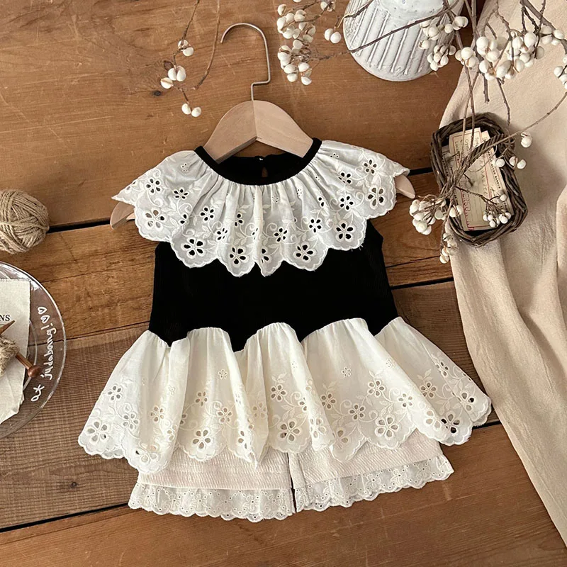 2026 New Summer Baby Clothes 3-24M Hollow-out Girls Tee Embroidery Flowers Infant T-shirt Sleeveless Toddler Boys Shorts