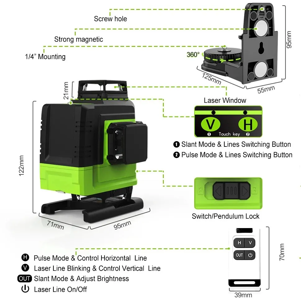 Clubiona 4D 16 Lines Professional German Core Floor Ceiling Remote Control Green Line Laser Level with 5000mahs Li-Ion Battery