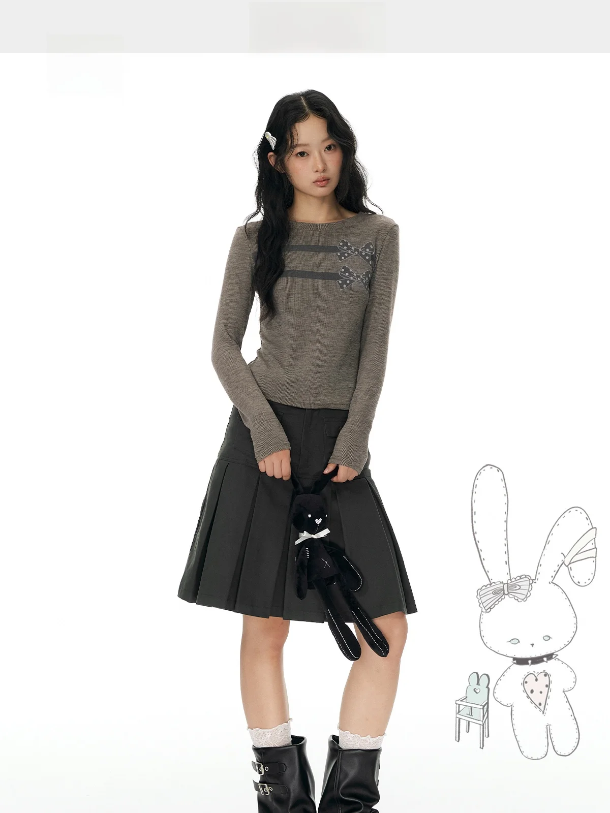 YUPH Skin-friendly Long Sleeve T-shirt  Knot Printed Cashmere-like Base Shirt Slimming Effect Korean Style Women's Tee