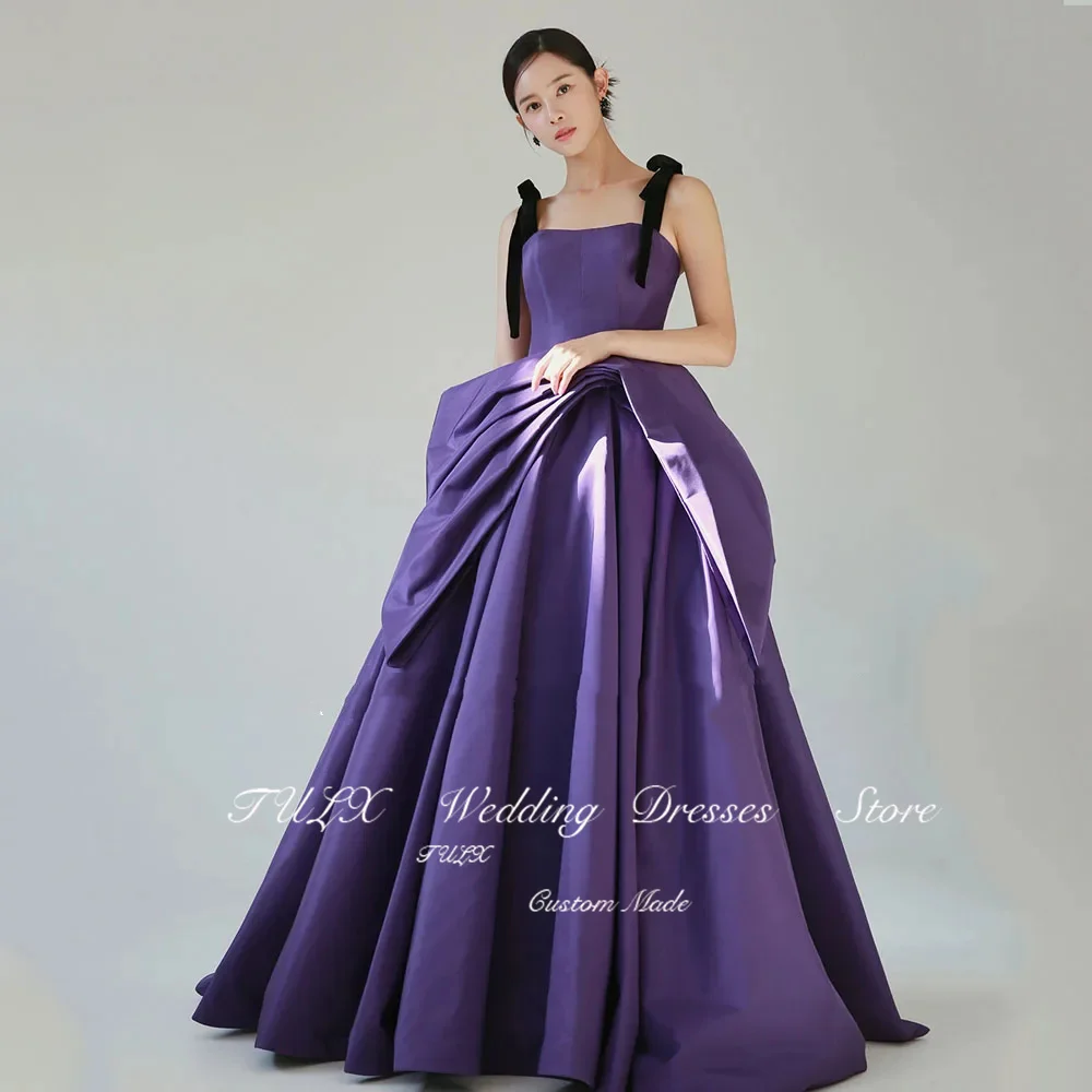 TULX Square Neck Purple Korea Evening Dresses Black Straps Satin Evening Gown Photo Shoot Corset Sleeveless Birthday Party Dress