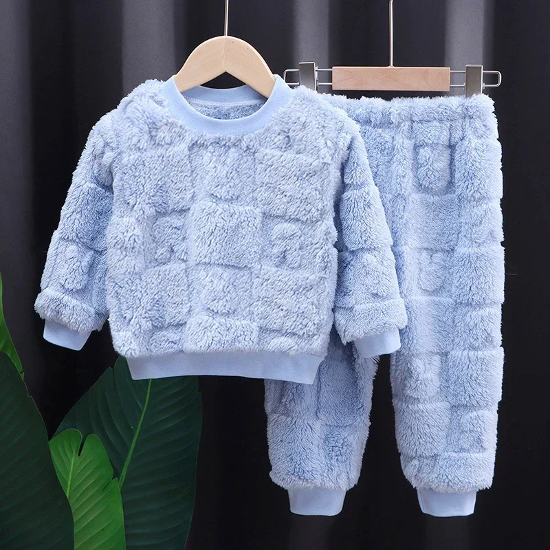 Two-piece Autumn Winter Home Sleepwear Set Boys Baby Fleece Warm Outdoor Children Girls Homewear Suits Thickened Ammonia Fabric