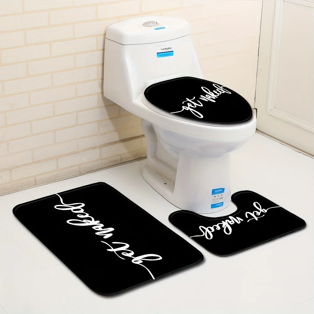 

Get Naked Black and White Bathroom Floor Mat Set 3pcs Non-Slip Absorbent Toilet Lid Cover and U-Shaped Rug
