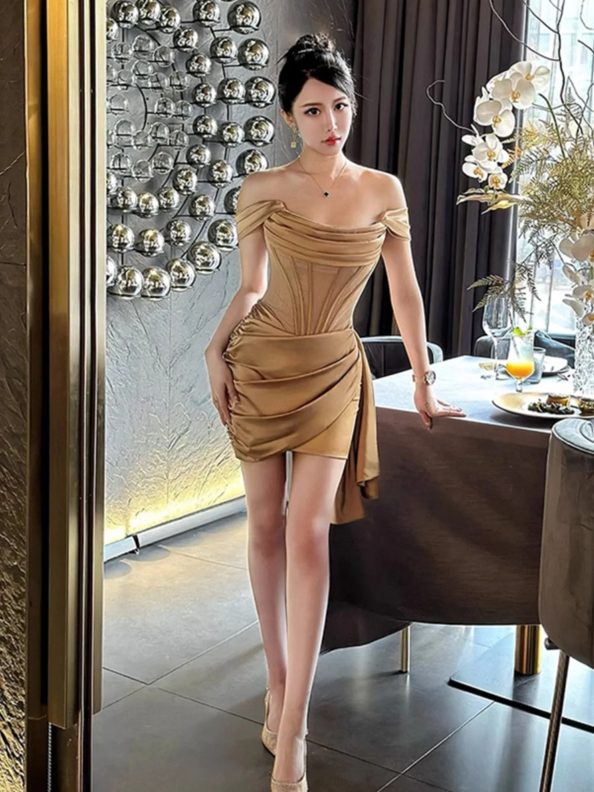 

Sexy One-oulder Satin Dr for Women Birthday Par Evening Gown Retro Court Sle ort Wrap Bodycon Skirt High Waist