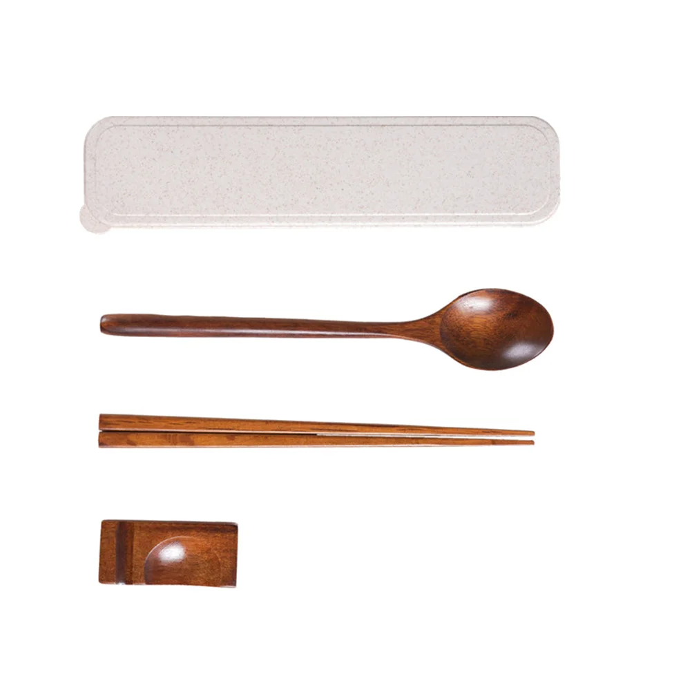 

4 шт. деревянный набор столовых приборов, натуральный пищевой портативный сервиз для ужина с подставкой для палочек для еды, идеально подходит для пикника, деловой поездки, домашнего использования