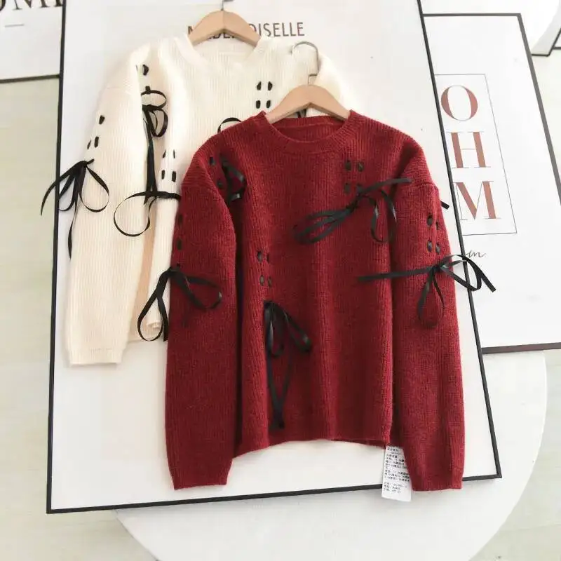 

Осенне-зимний свитер, женский милый галстук-бабочка, повседневная толстовка, вязаный свитер, винтажный свободный пуловер с длинными рукавами, топы