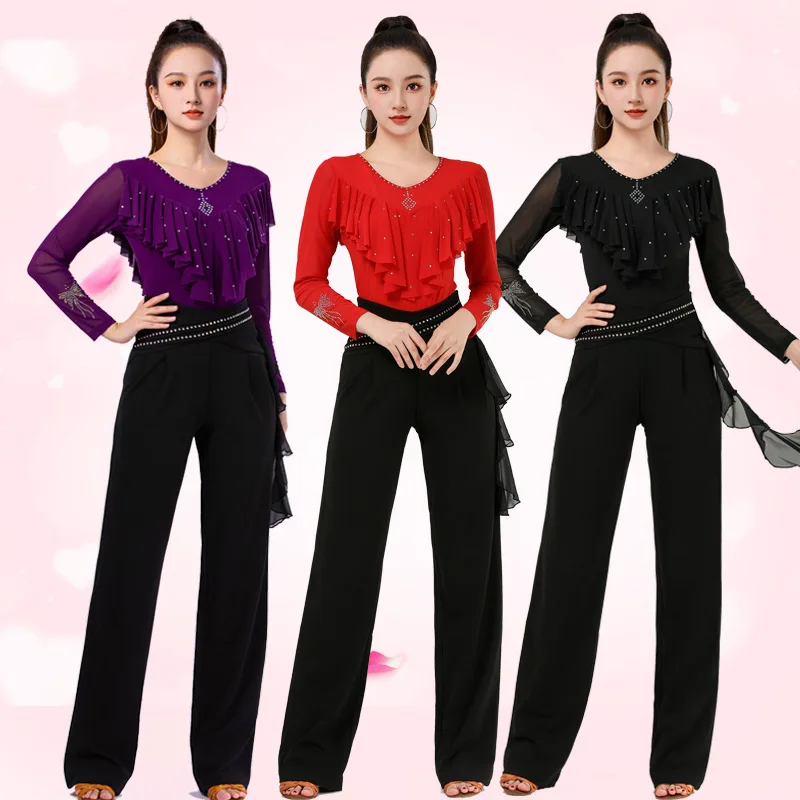 Ropa de baile latino para mujer, Top con volantes, Tops de salón estándar con diamantes de imitación de Samba, traje de baile de línea latina de alta calidad, nuevos productos