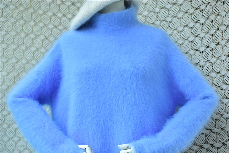 Ladies Women Fashion Blue Angora Rabbit Hair Fall Winter Mock Neck Long Sleeves Loose Pullover Sweater Jumper Mink Fur Jumper
