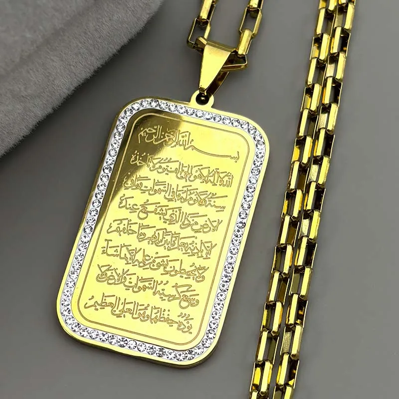 

Islam Muslim Rhinestones Pendant Necklace For Women Men Stainless Steel Gold Color Arabic Quran Faith Male Chain Jewelry Amulet