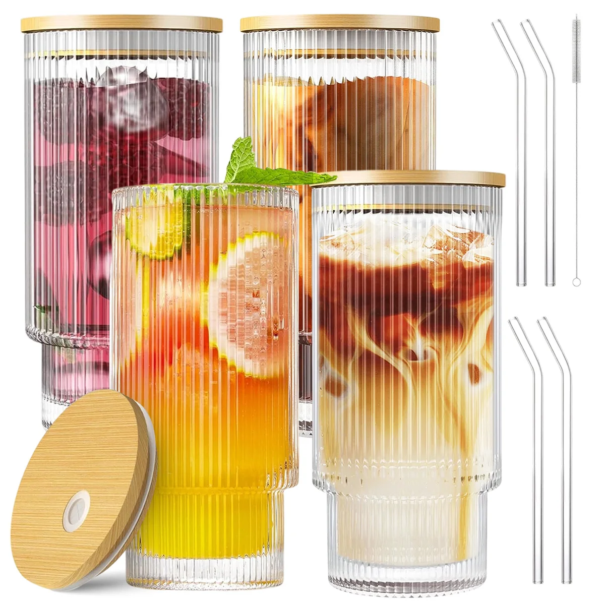 

4 Pack Ribbed Glass Cups with Lids and Straws Set, 12OZ Vintage Glassware for Whiskey Cocktail Beer, Iced Coffee Cups with Lid