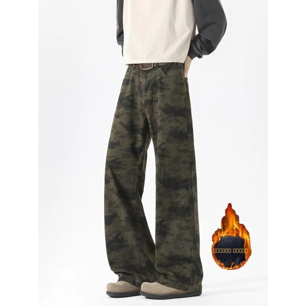 

American High Street Camouflage Work Pants Men's Fleece Winter Loose Retro Cleanfit Straight Casual Long Trousers
