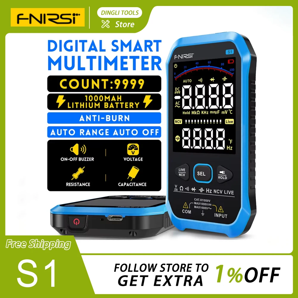 FNIRSI S1 Smart Digital Multimeter 9999counts AC DC Voltage Resistance Capacitance Diode NCV Hz Live Wire Color Display Tester