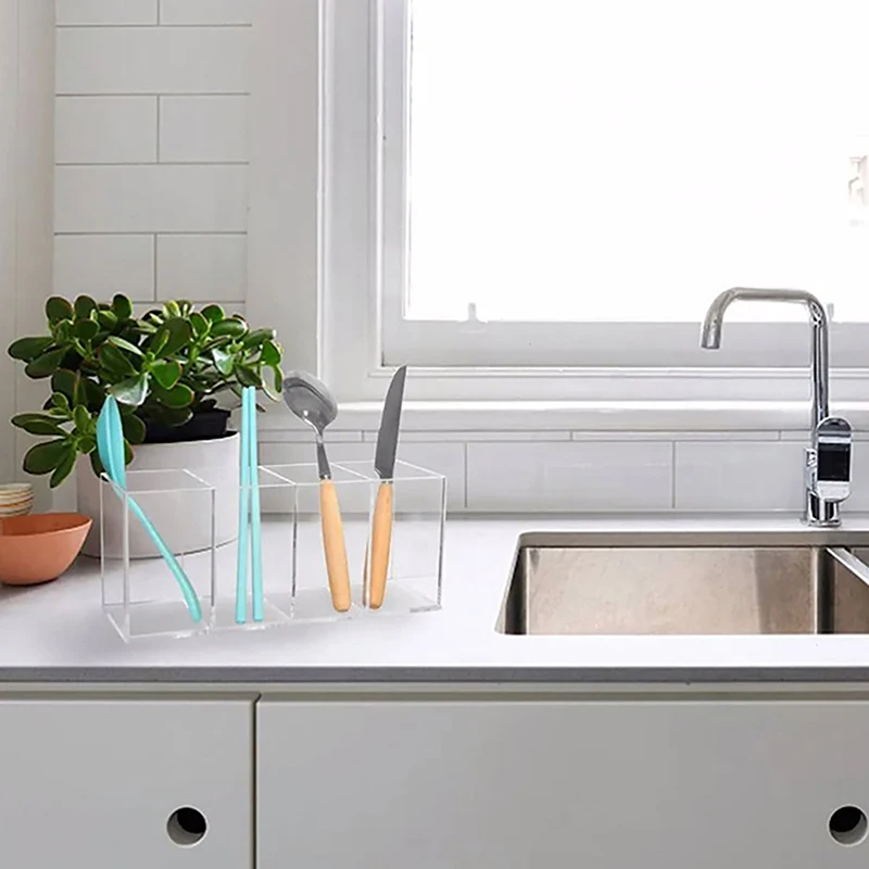 Acrylic 4-Grid Pen Holder Plexiglass Rectangular Makeup Brush Storage Box Office Stationery Storage Rack Cosmetic Storage Box