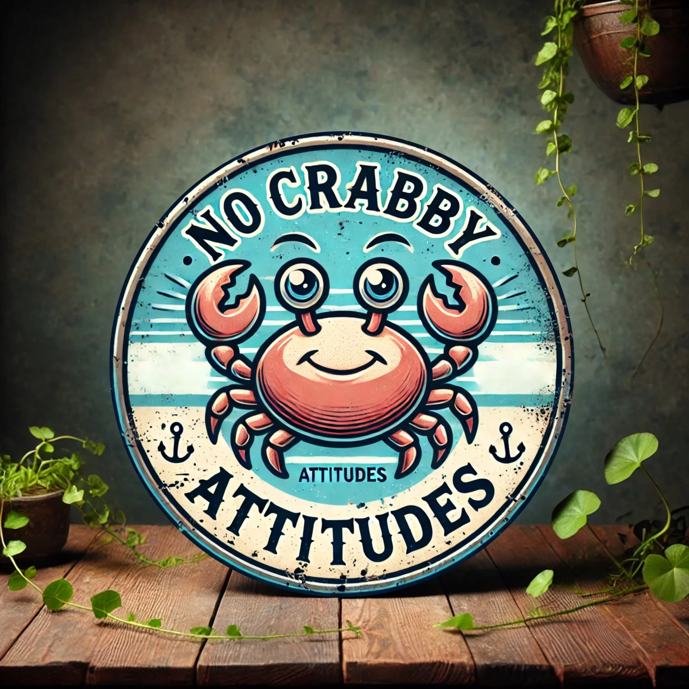 This Decorative Round Aluminum Plaque Features an Adorable Crab with the Phrase 