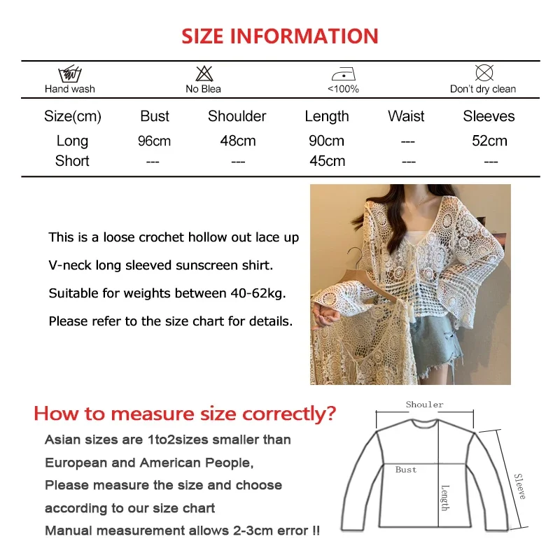 Women Hollow Out Crochet BOHO Sunscreen Shirt Vintage Lace Up Long Sleeve Loose Tops Seaside Vacation V-neck Mid-Length Pullover