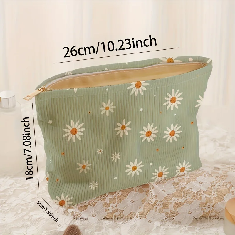 Simple small chrysanthemum pattern printed corduroy zipper makeup bag, lightweight and multifunctional cosmetic storage bag