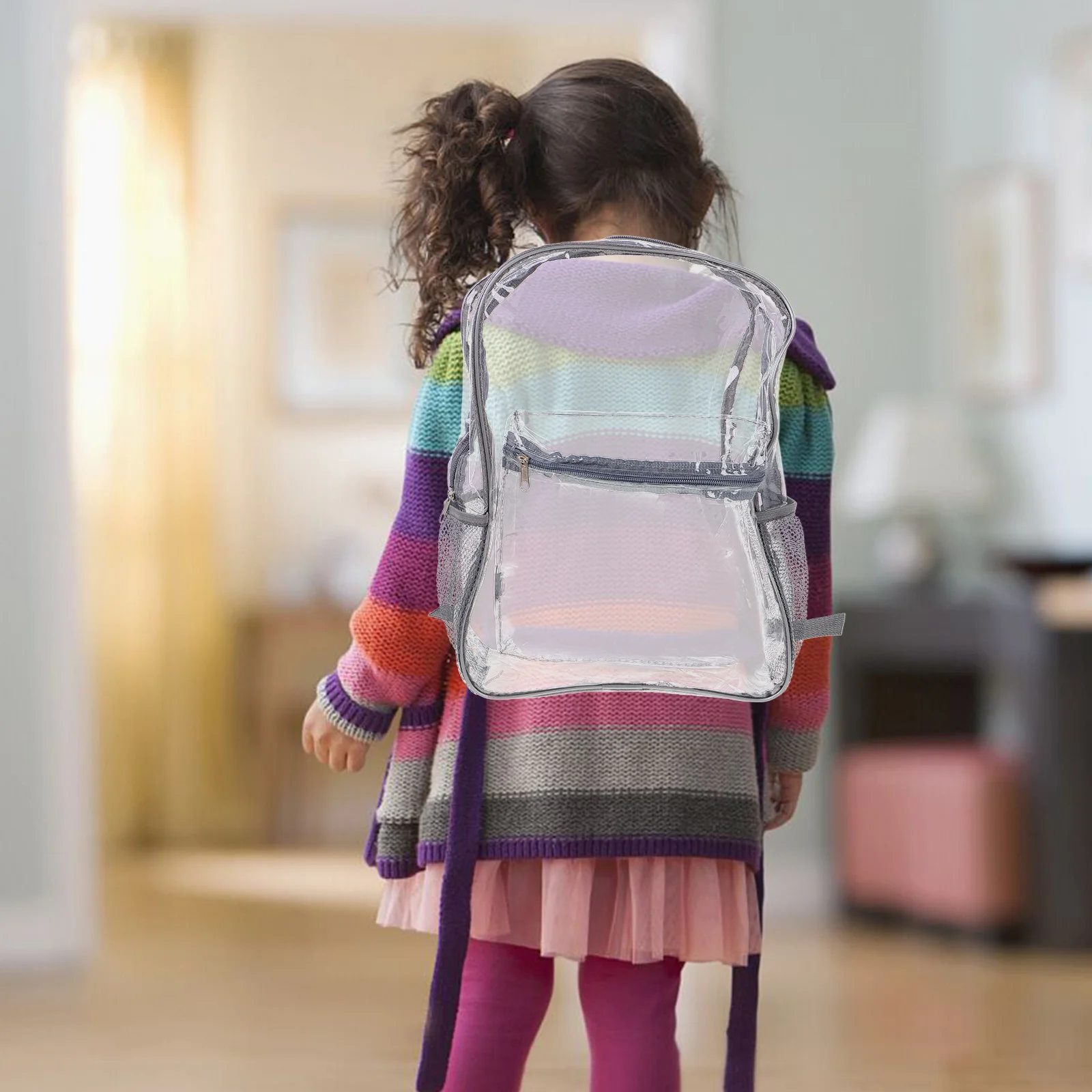 حقيبة ظهر شفافة مقاومة للماء من مادة PVC حقيبة مدرسية شفافة ذات سعة كبيرة وأشرطة قابلة للتعديل رمادي فاتح أنيق شفاف من خلال حقيبة الكتب