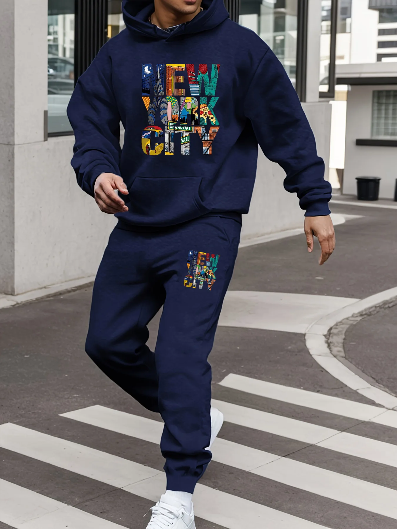 Men's Autumn/Winter Casual Warm MILANO ITALY Letter Printed Loose Thick Velvet Sports Hoodie+Sweatpants Set