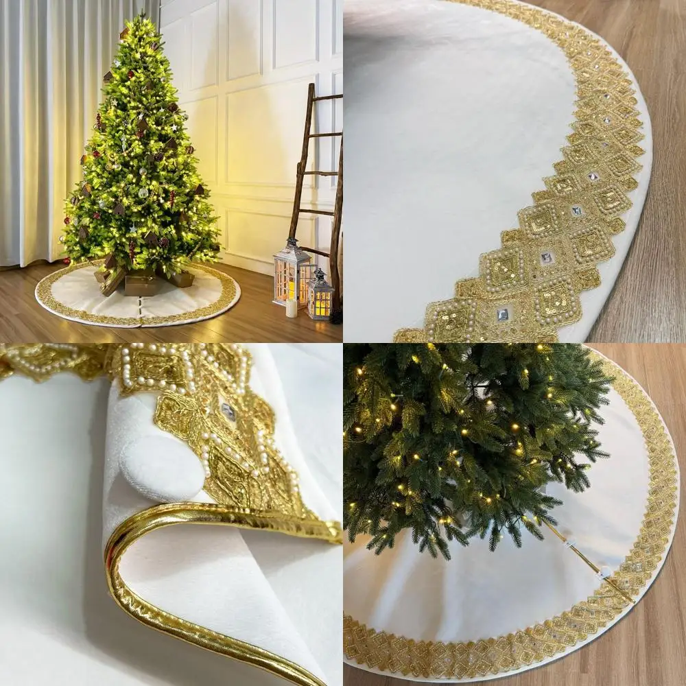

Бархатная юбка в виде рождественской елки цвета слоновой кости с золотой отделкой, 72 дюйма, на подкладке из пенопласта, на пуговицах, долговечный праздничный декор