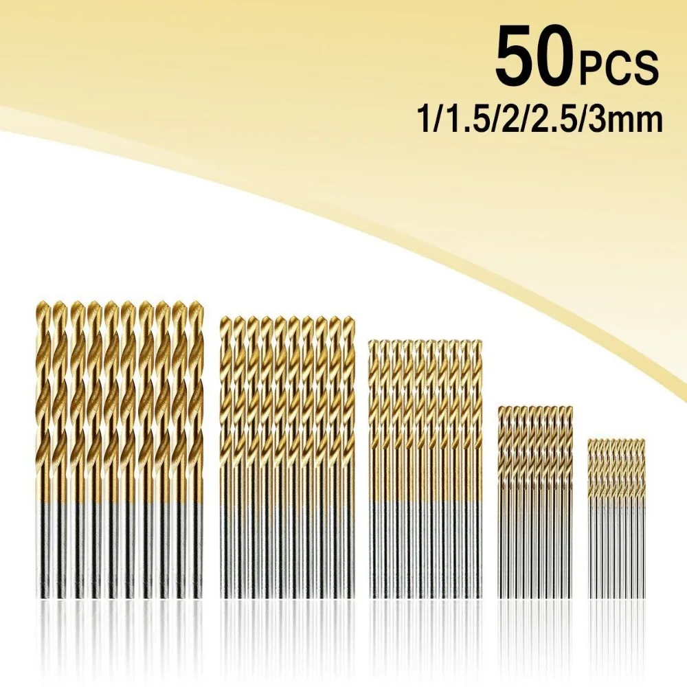 50 Pcs HSS High Speed Steel Drill Bit Titanium Plated Wood Drilling Drill Bit Quality Power Tools 1/1.5/2/2.5/3mm