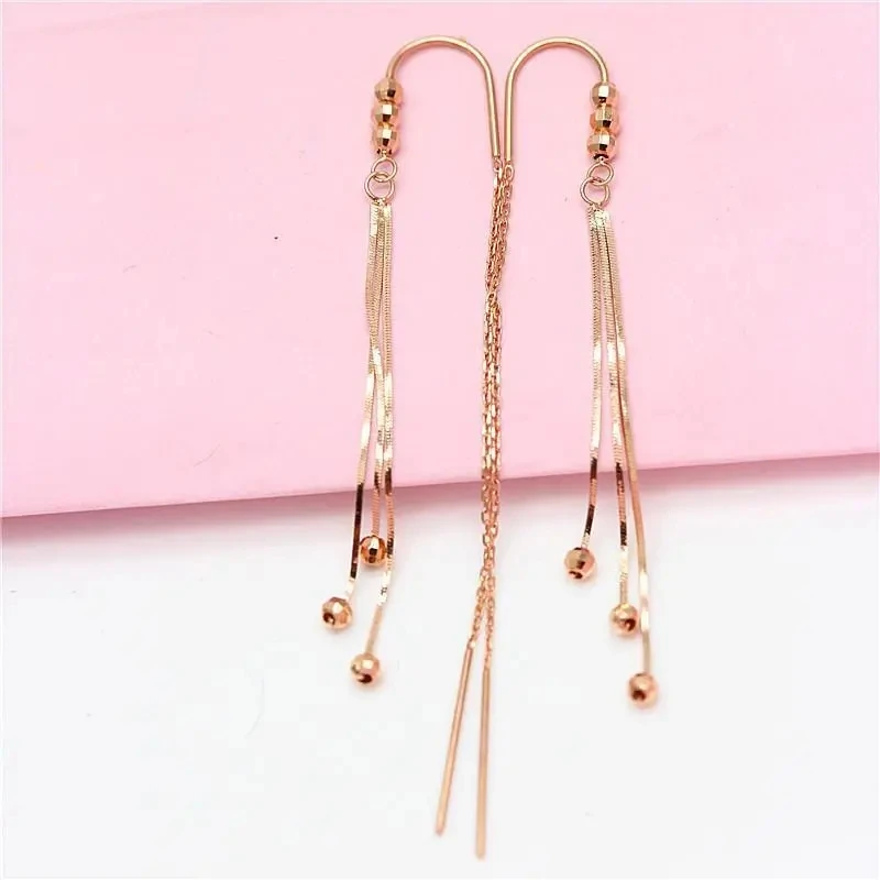 585 purple gold long ear line 14k rose gold geometric round bead fashion soft chain tassel earrings for women luxury jewelry