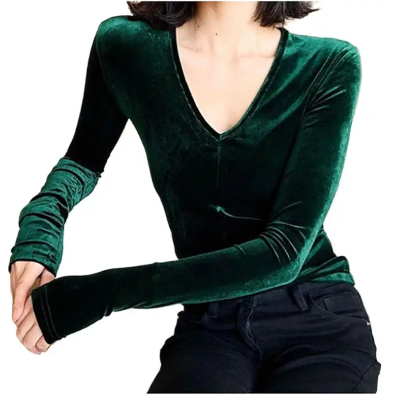 

Autumn Women Solid Shirts Velvet Bodycon Slim Long Sleeve V-Neck Tops High Street Basic Shirt Office Work Tops 9 Colors