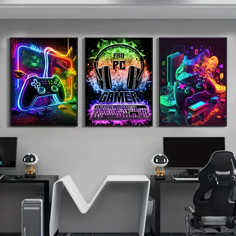 Neon Game Controller Canvas Painting Professional Gamer Keyboard Headset Boy Bedroom Game Room Decorative Poster, Frameless.
