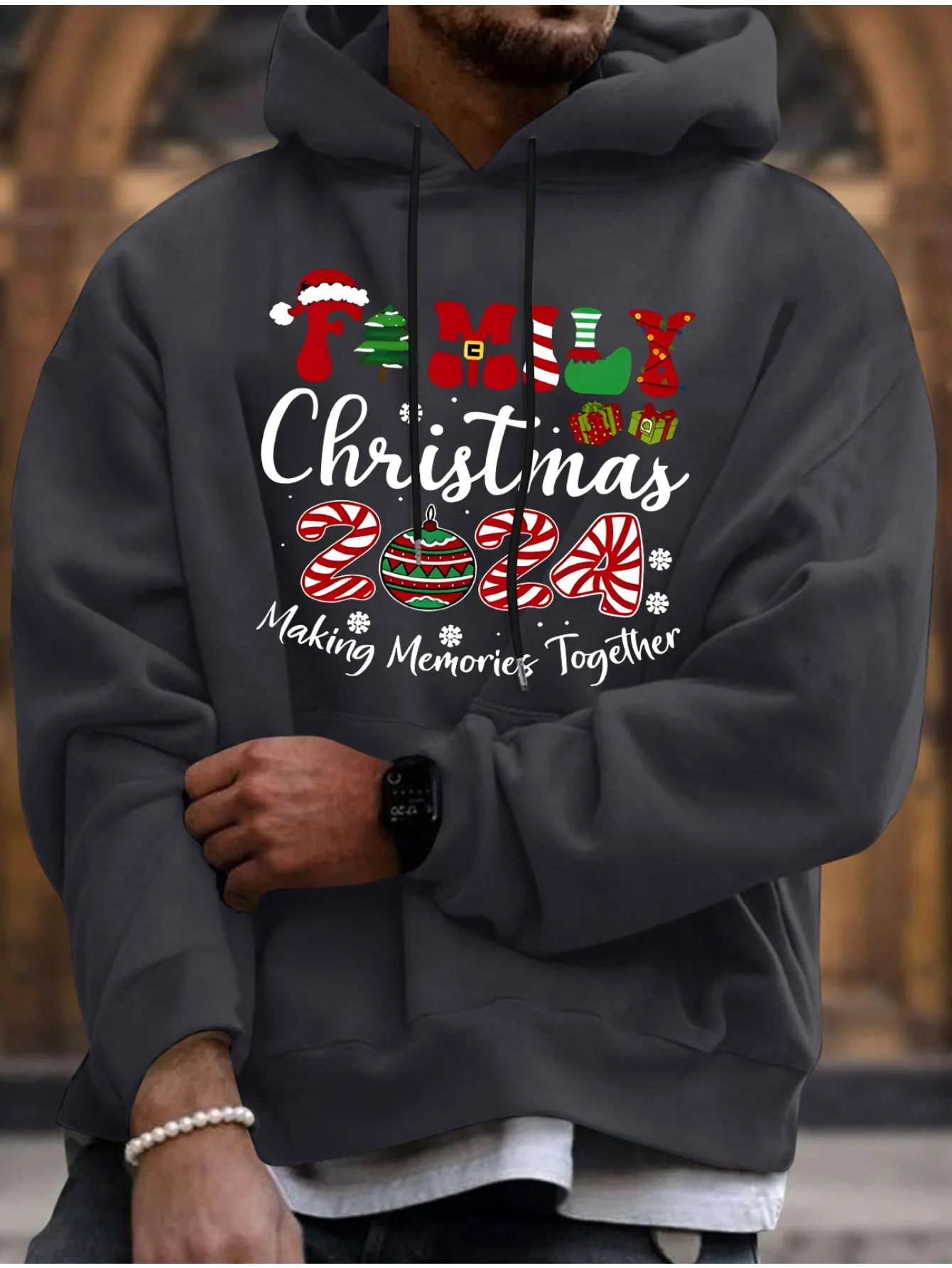 قم بإنشاء ذكريات معًا في طباعة عيد الميلاد، وبلوزات رجالية كاجوال ومريحة بغطاء للرأس